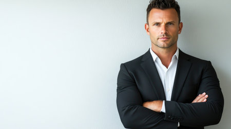 A CEO-like businessman standing with arms crossed, exuding confidence, plain background with copy space.の素材