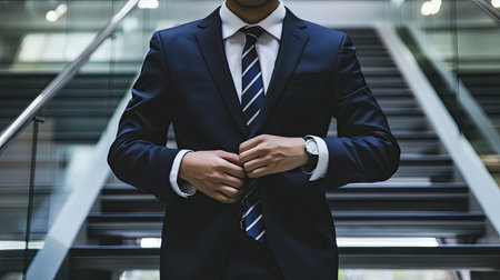 A businessman in a well-tailored suit standing near a staircase, corporate setting, copy space.の素材