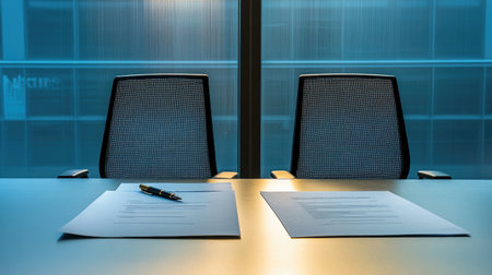 A business meeting setup with two chairs, a negotiation contract, and a pen placed on a sleek table, copy space.の素材
