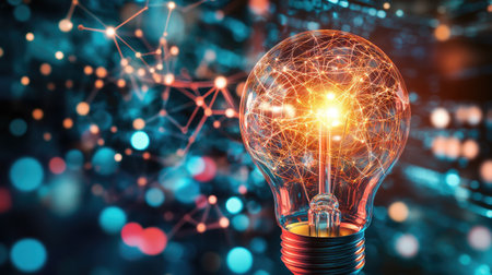 An abstract glowing light bulb with a network of startup ideas and innovation flow, copy space.の素材