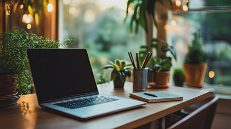 A clean home office desk with a laptop, stationery, and a plant, leaving open space for content about home office productivity.の素材