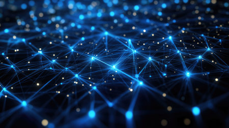 Abstract blockchain technology visualization with a glowing network of interconnected nodes, copy space.の素材