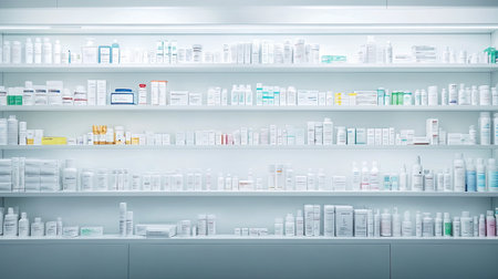 A clean and empty pharmacy shelf with neatly arranged medical containers and pill bottles, perfect for adding pharmaceutical text, copy space.の素材