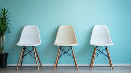A clean and welcoming clinic reception area with stylish chairs and a clear space for informational text, copy space.の素材