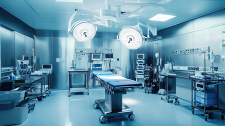 A clean and modern hospital operating room with equipment neatly arranged and a sterile environment, leaving ample space for text.の素材