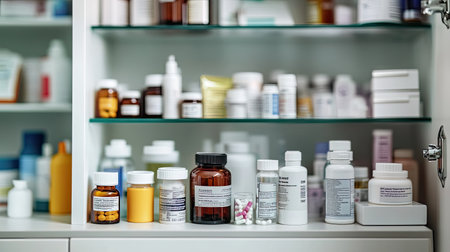 A clean medicine cabinet with rows of prescription and over-the-counter medicine bottles neatly arranged, offering ample copy space.の素材