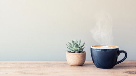 A minimalist desk with a steaming coffee cup, a small succulent plant, and room for a text block related to relaxation at work.の素材
