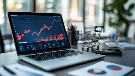 A minimalist workspace with a laptop, shopping cart icon, and financial growth charts, online business concept, copy space.の素材