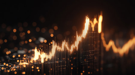 A concept illustration of financial growth with glowing dots forming an upward graph, black background, copy space.の素材