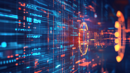 A futuristic fintech startup background with digital economy symbols and vibrant copy space.の素材