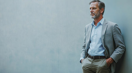 A corporate man standing with hands in pockets, looking away confidently, minimalist background, copy space.の素材