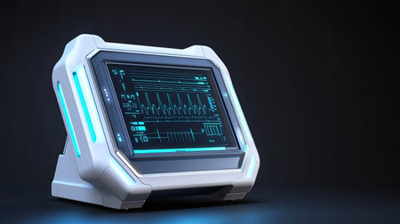 A high-tech, portable health diagnostic device with empty display, perfect for showcasing technology innovation in healthcare, copy space.の素材