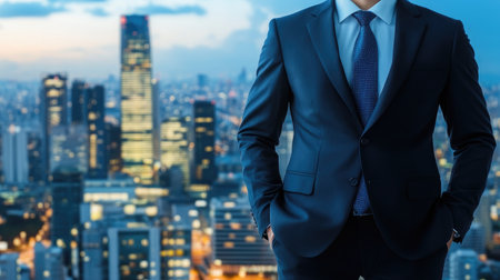 A corporate leader standing against a cityscape background, dressed in business attire, copy space.の素材