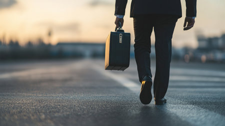 A determined businessman walking with purpose, holding a briefcase, background blurred, copy space on the side.の素材