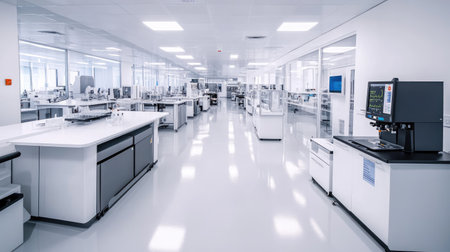 A hospital laboratory with diagnostic machines and sterile countertops, offering a clean space for health-related branding.の素材