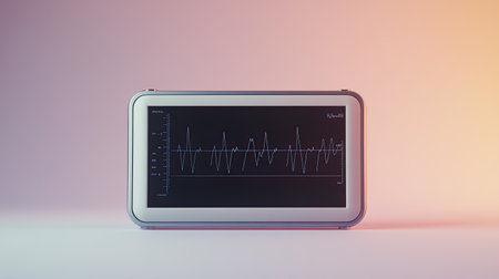 A high-tech portable ECG machine with a digital display on a plain background, ideal for healthcare technology branding with room for copy.の素材