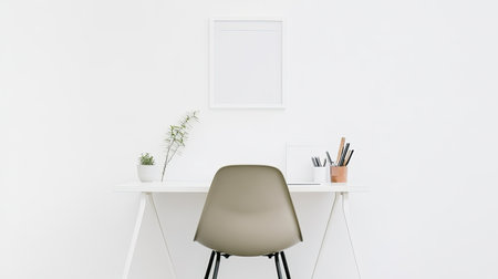 A minimalist office space with a clean desk, organized files, and a chair, leaving room for copy related to productivity and organization.の素材