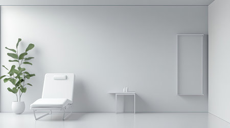 A minimalist clinic room with a medical bed and a clean white background, perfect for health-related designs, copy space.の素材