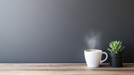 A minimalist desk with a steaming coffee cup, a small succulent plant, and room for a text block related to relaxation at work.の素材