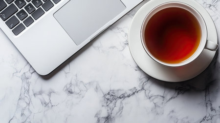 A clean and spacious desk with a laptop, notebook, and cup of tea, offering open space for content about work-from-home productivity.の素材