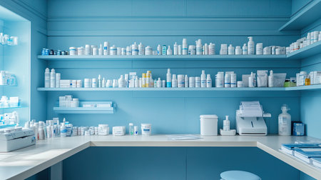 A clinic room with a well-organized shelf of medical supplies and a clean surface for patients, offering copy space.の素材