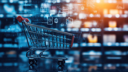 A digital economy representation with floating online sales data and AI-powered shopping experiences, copy space.の素材