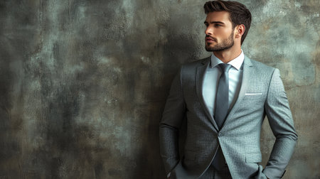 A confident businessman in a modern suit standing against a neutral background with ample copy space. Professional and corporate atmosphere.の素材