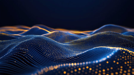 A cyber-finance theme with futuristic blockchain investment visualization, deep blue and gold, copy space.の素材