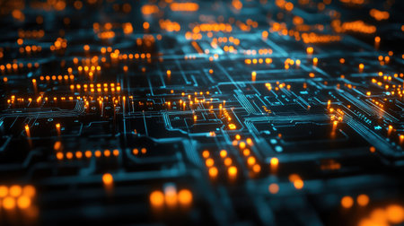 A cyber digital transformation concept with high-tech neon circuits and AI-driven automation, copy space.の素材