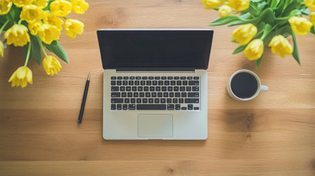 A minimalist work-from-home desk with a laptop, cup of coffee, and a pen, providing plenty of room for productivity tips and messaging.の素材