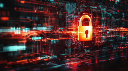 Abstract cybersecurity background with a glowing digital lock, high-tech data flow, and copy space.の素材