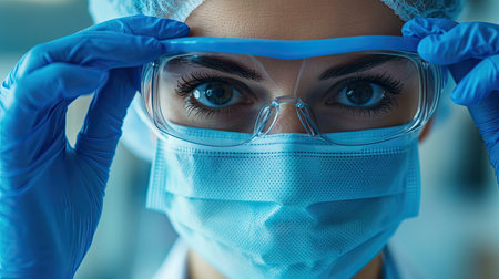 A doctor wearing blue gloves and a surgical mask, preparing for a procedure, medical professional, copy space.の素材