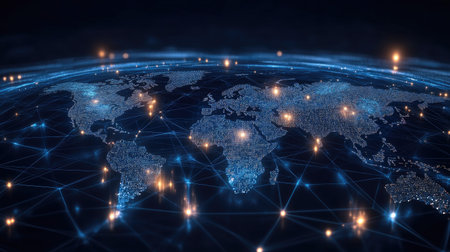 A conceptual image of global online trade with digital world map and connected e-commerce platforms, copy space.の素材