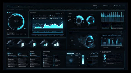 A digital economic dashboard displaying a rising graph, dark theme, and copy space for text placement.の素材