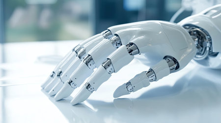 A close-up of a medical robot's hands with intricate design, resting on a clean surface, offering space for technology-related copy.の素材