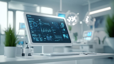 A high-tech medical equipment with digital interface displayed on a white surface, perfect for adding content related to healthcare technology.の素材