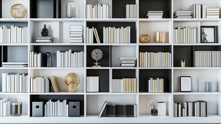 A modern office shelf with organized books, files, and decorative items, offering space for content on home office organization.の素材