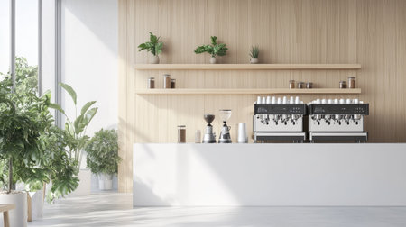 A modern office breakroom with coffee machines, open shelves, and a clean countertop, leaving plenty of space for office promotions.の素材