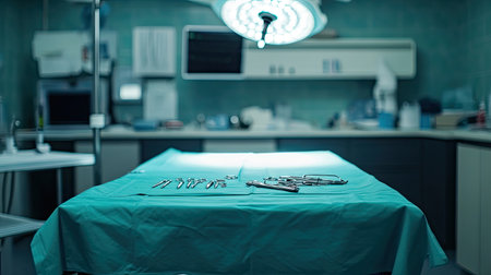 A sterile operating table with a surgical drape, surgical tools arranged neatly around the table, and available space for text, copy space.の素材