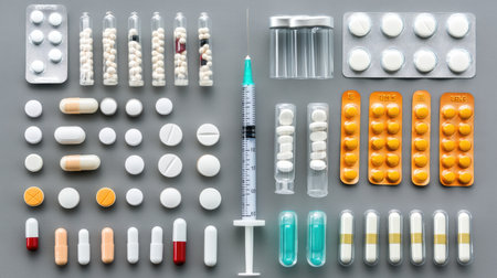 A neatly arranged assortment of pharmaceutical products including syringes, pill bottles, and bandages on a clean surface, perfect for text, copy space.の素材