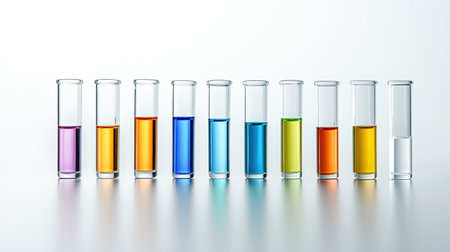 A row of transparent medical vials with colorful liquids, arranged neatly on a white background, perfect for pharmaceutical-related content, copy space.の素材