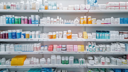 A top view of a pharmacy shelf with clean rows of medicine bottles, pill boxes, and health products, offering ample space for branding, copy space.の素材
