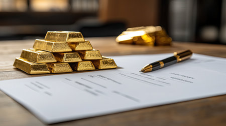 A strategic negotiation setting with financial reports, a signature document, and stacked gold bars, copy space.の素材