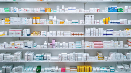 A top view of a pharmacy shelf with clean rows of medicine bottles, pill boxes, and health products, offering ample space for branding, copy space.の素材