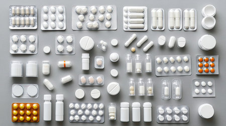 A top view of a pharmaceutical setup with medicine bottles and pill containers arranged symmetrically, offering ample space for branding, copy space.の素材