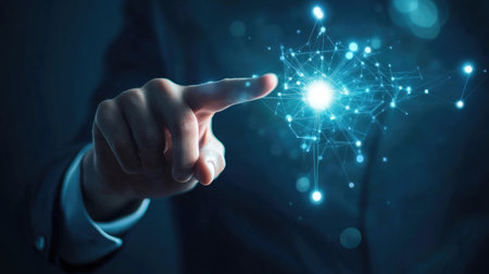 Businessman pointing at an invisible screen, concept of technology and innovation, copy space.の素材