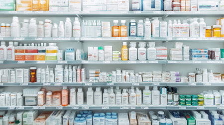 A top view of a pharmacy shelf with clean rows of medicine bottles, pill boxes, and health products, offering ample space for branding, copy space.の素材