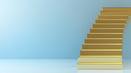 A wealth-building strategy concept with golden stairs leading to financial success, copy space.の素材