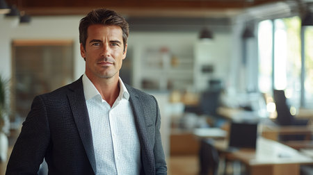 A well-dressed businessman standing in a bright open office, looking confident, copy space on the right side.の素材