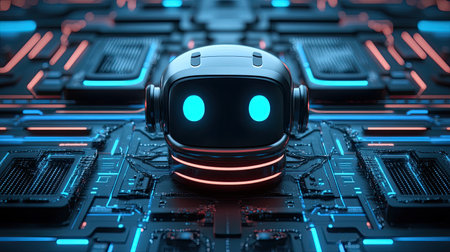 D icon of a chatbot surrounded by interconnected data lines and virtual cloud systems.の素材